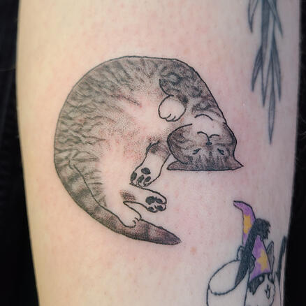 black and grey tattoo of a sleeping tabby cat